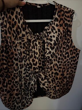 Sleeveless Leopard Print Tie-Front Blouse - Brown/Black